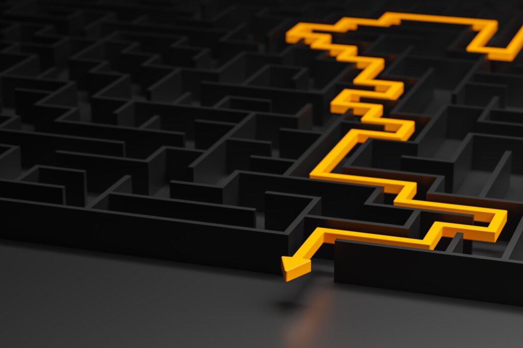 a 3d rendering of a maze and the solution highlighted