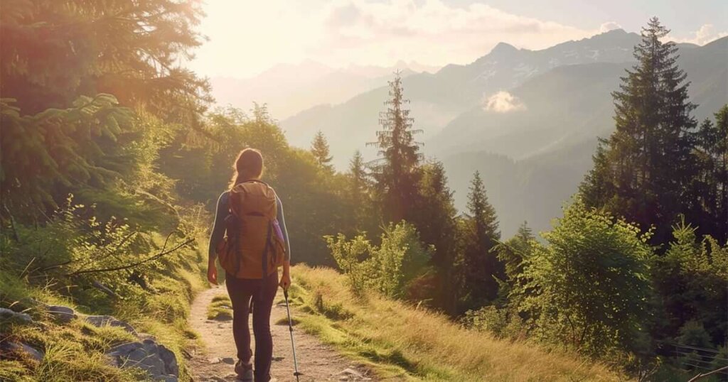 A person walks down a hiking trail surrounded by forest