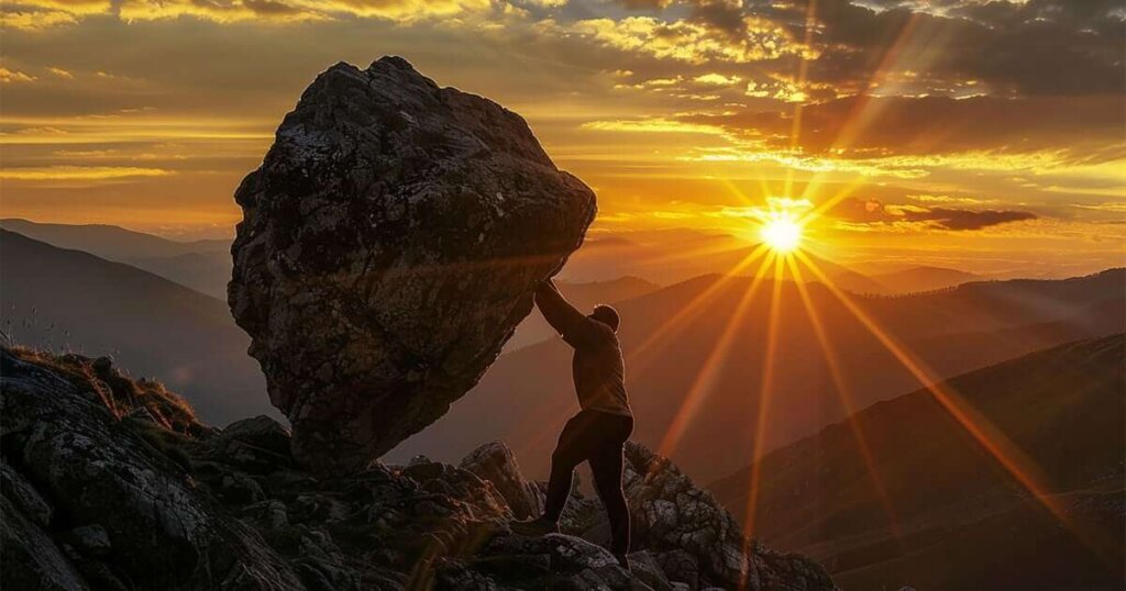 A person pushes a rock up a hill