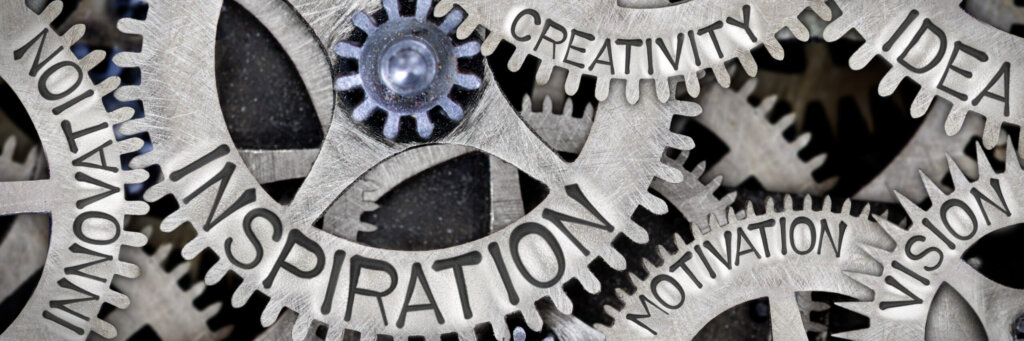 Gears with words like Creativity and Inspiration