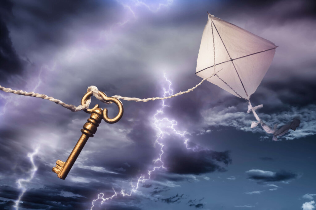 An artful depiction of a key on a kite string